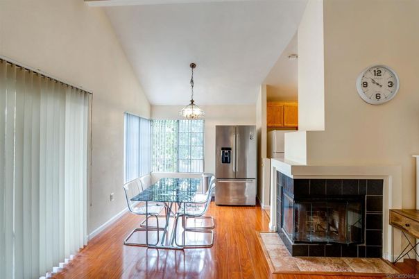 Fireplace, Interior, Kitchen, Pendant Lights, Stainless Steel Appliances, Wood Texture Flooring