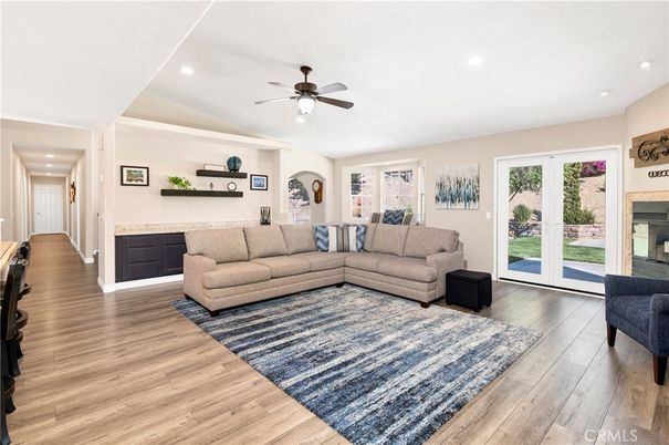 Fireplace, Interior, Living room, Recessed Lighting, Wood Texture Flooring