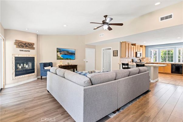 Fireplace, Interior, Kitchen, Living room, Recessed Lighting, Wood Texture Flooring