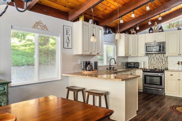 Interior, Kitchen, Pendant Lights, Stainless Steel Appliances, Wooden Beams, Wooden Ceilings, Wood Texture Flooring