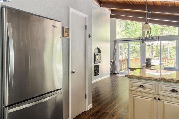 Interior, Kitchen, Pendant Lights, Stainless Steel Appliances, Wooden Ceilings, Wood Texture Flooring