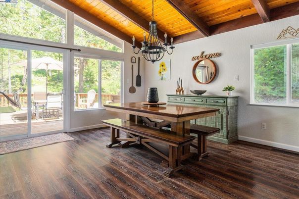 Chandelier, Dining room, Interior, Wooden Beams, Wooden Ceilings, Wood Texture Flooring