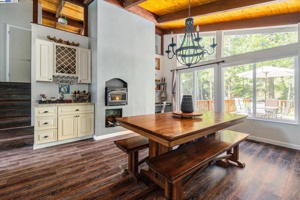 Chandelier, Dining room, Fireplace, Interior, Wooden Beams, Wooden Ceilings, Wood Texture Flooring