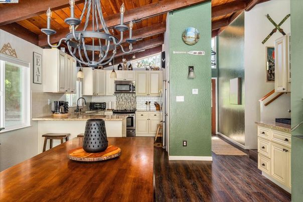 Chandelier, Interior, Kitchen, Stainless Steel Appliances, Wooden Beams, Wooden Ceilings, Wood Texture Flooring