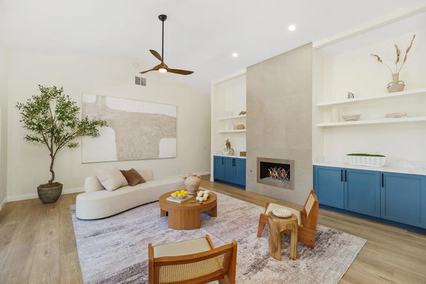 Fireplace, Interior, Living room, Recessed Lighting, Wood Texture Flooring