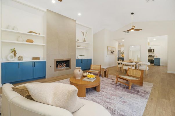 Dining room, Fireplace, Interior, Kitchen, Living room, Pendant Lights, Recessed Lighting, Stainless Steel Appliances, Wood Texture Flooring