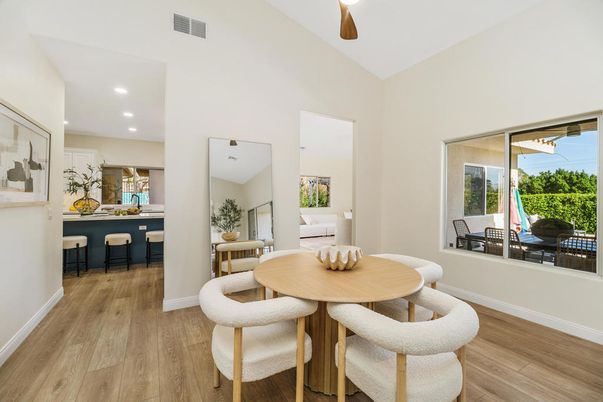 Dining room, Interior, Recessed Lighting, Wood Texture Flooring