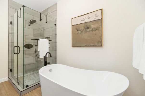 Bathroom, Free Standing Baths, Glass Shower, Interior, Wood Texture Flooring
