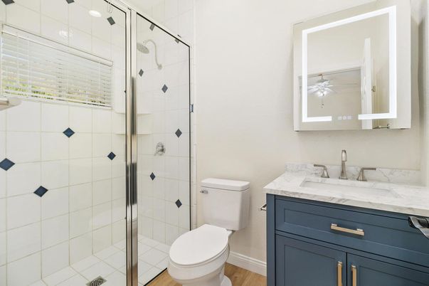 Bathroom, Glass Shower, Interior, Wood Texture Flooring
