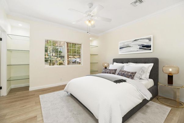 Bedroom, Interior, Recessed Lighting, Wood Texture Flooring