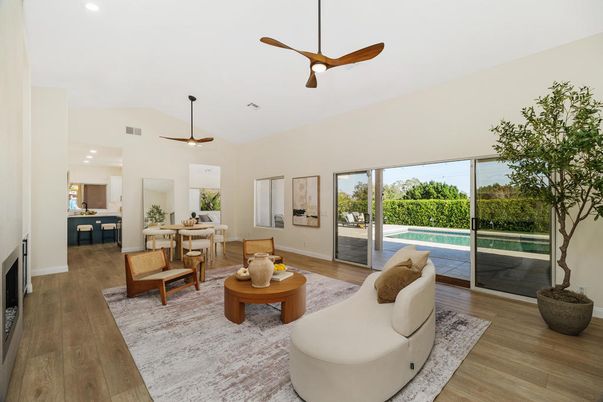Dining room, Interior, Living room, Pendant Lights, Recessed Lighting, Wood Texture Flooring