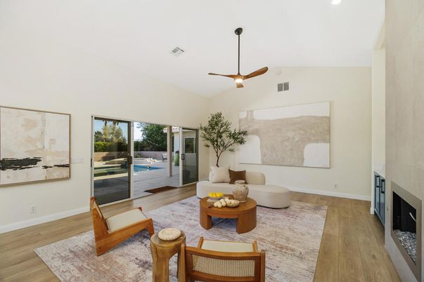 Fireplace, Interior, Living room, Recessed Lighting, Wood Texture Flooring