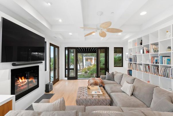 Fireplace, Interior, Living room, Recessed Lighting, Wood Texture Flooring