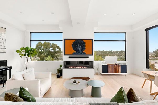 Fireplace, Interior, Living room, Piano, Recessed Lighting, Wood Texture Flooring