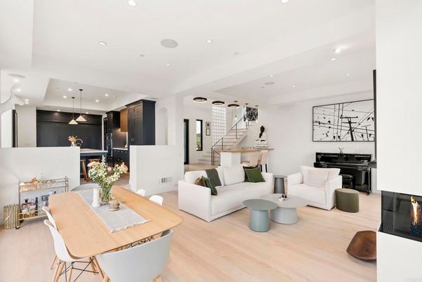 Dining room, Interior, Kitchen, Living room, Pendant Lights, Piano, Recessed Lighting, Wood Texture Flooring