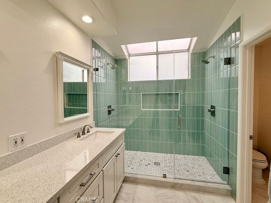Bathroom, Glass Shower, Interior, Marble, Recessed Lighting