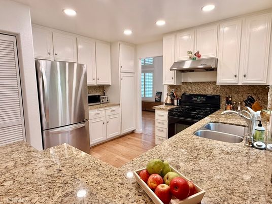 Interior, Kitchen, Recessed Lighting, Stainless Steel Appliances, Wood Texture Flooring