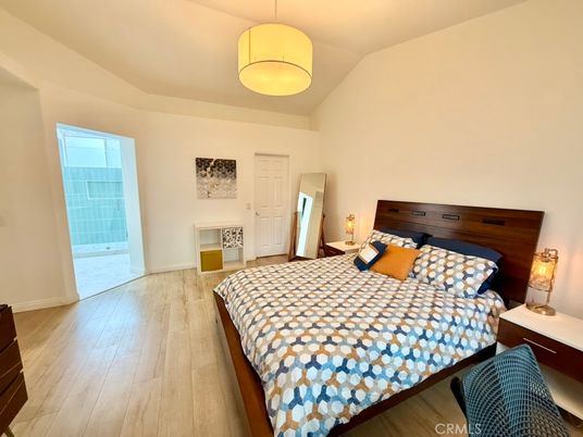 Bedroom, Interior, Pendant Lights, Wood Texture Flooring