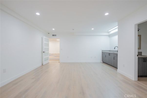 Empty room, Interior, Kitchen, Recessed Lighting, Wood Texture Flooring