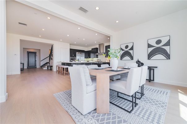 Dining room, Interior, Kitchen, Recessed Lighting, Stainless Steel Appliances, Wood Texture Flooring