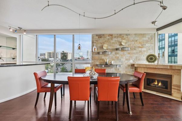 Dining room, Fireplace, Interior, Pendant Lights, Stone Walls, Wood Texture Flooring