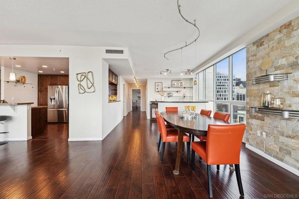 Dining room, Interior, Kitchen, Pendant Lights, Recessed Lighting, Stainless Steel Appliances, Stone Walls, Wood Texture Flooring