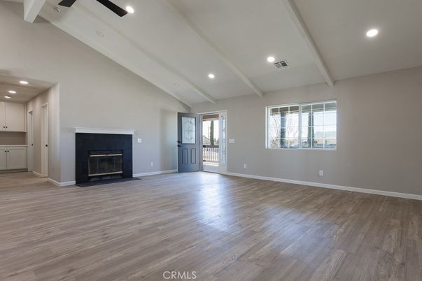 Empty room, Fireplace, Interior, Recessed Lighting, Wood Texture Flooring