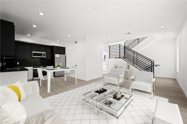 Dining room, Interior, Kitchen, Living room, Recessed Lighting, Wood Texture Flooring