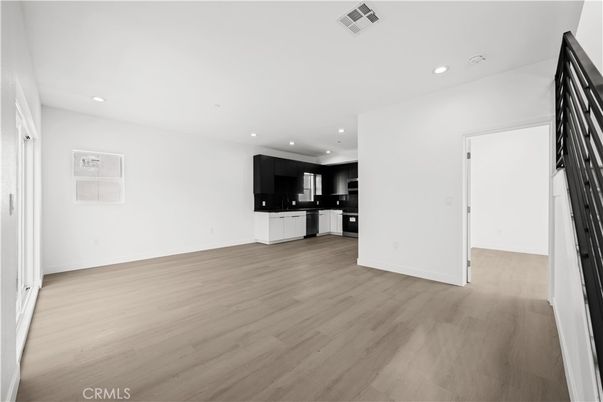 Empty room, Interior, Kitchen, Recessed Lighting, Wood Texture Flooring