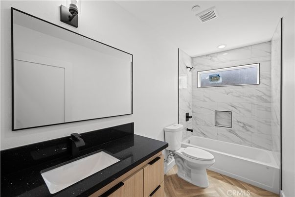 Bathroom, Interior, Marble Walls, Recessed Lighting, Wood Texture Flooring