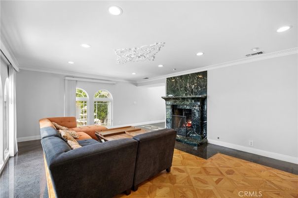 Fireplace, Interior, Living room, Recessed Lighting, Wood Texture Flooring