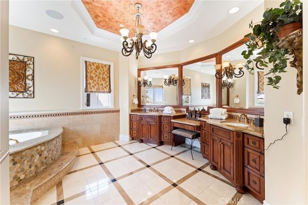 Bathroom, Chandelier, Dual Sink Vanities, Interior, Recessed Lighting