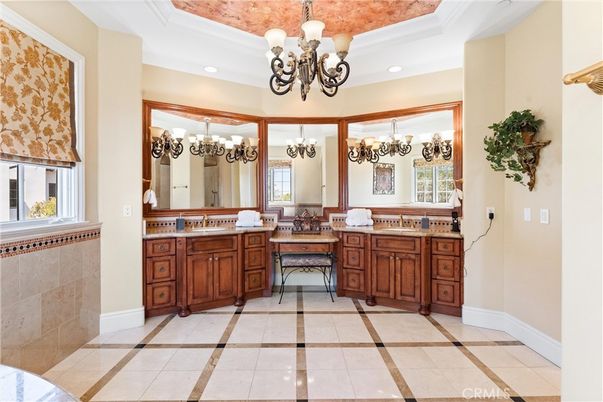 Bathroom, Chandelier, Dual Sink Vanities, Interior, Recessed Lighting