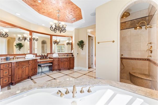 Bathroom, Chandelier, Dual Sink Vanities, Interior, Recessed Lighting