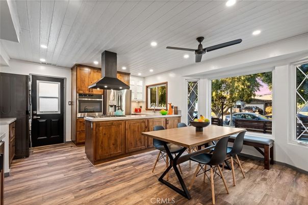 Dining room, Interior, Kitchen, Recessed Lighting, Stainless Steel Appliances, Wood Texture Flooring