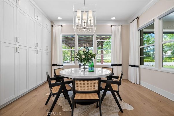 Dining room, Interior, Pendant Lights, Recessed Lighting, Wood Texture Flooring