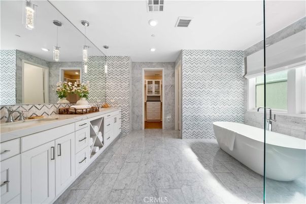 Bathroom, Dual Sink Vanities, Free Standing Baths, Glass Shower, Interior, Marble, Pendant Lights, Recessed Lighting