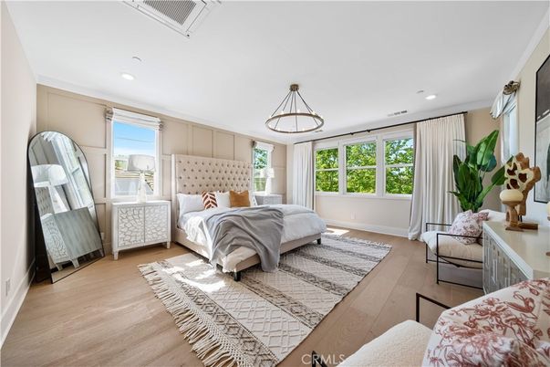 Bedroom, Interior, Pendant Lights, Recessed Lighting, Wood Texture Flooring