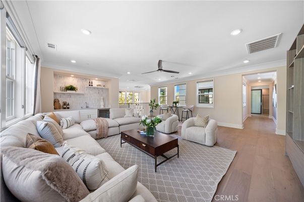 Dining room, Interior, Kitchen, Living room, Marble Walls, Pendant Lights, Recessed Lighting, Wood Texture Flooring