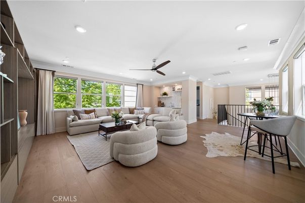 Dining room, Interior, Living room, Recessed Lighting, Wood Texture Flooring