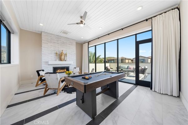 Billiard Table, Fireplace, Game Room, Interior, Marble, Recessed Lighting, Stone Walls