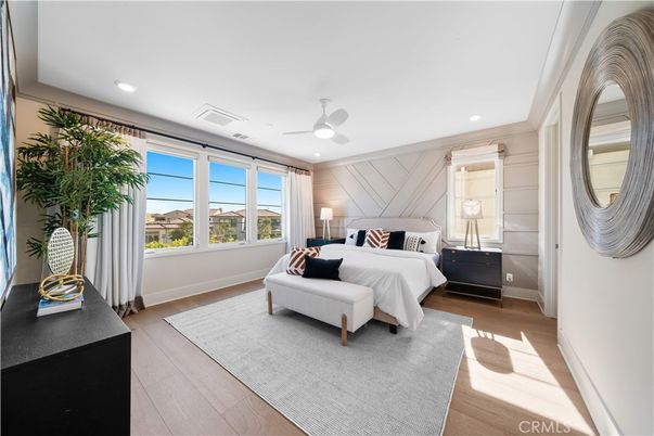 Bedroom, Interior, Recessed Lighting, Wood Texture Flooring