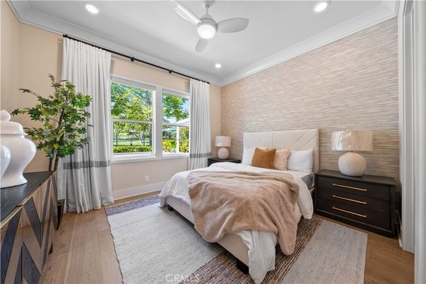 Bedroom, Interior, Recessed Lighting, Wood Texture Flooring