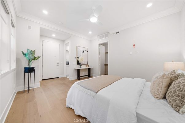Bedroom, Interior, Recessed Lighting, Wood Texture Flooring