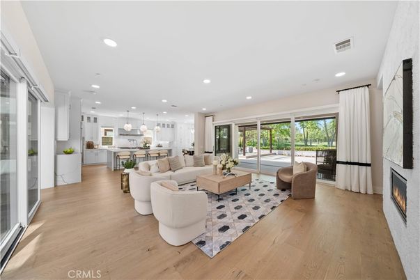 Fireplace, Interior, Kitchen, Living room, Pendant Lights, Recessed Lighting, Wood Texture Flooring