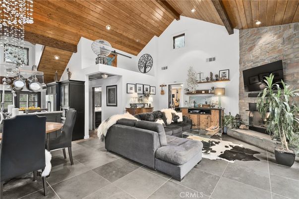 Dining room, Fireplace, Interior, Living room, Recessed Lighting, Stone Walls, Wooden Beams, Wooden Ceilings