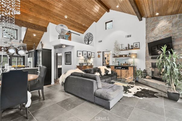 Dining room, Fireplace, Interior, Living room, Recessed Lighting, Stone Walls, Wooden Beams, Wooden Ceilings