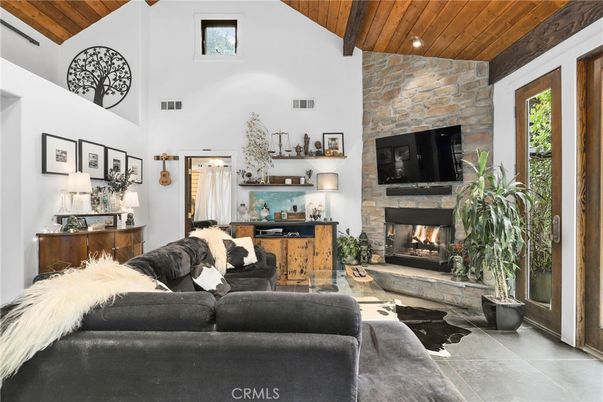 Fireplace, Interior, Living room, Recessed Lighting, Stone Walls, Wooden Beams, Wooden Ceilings