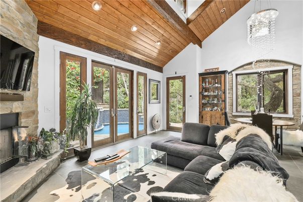 Dining room, Fireplace, Interior, Living room, Pendant Lights, Recessed Lighting, Wooden Beams, Wooden Ceilings
