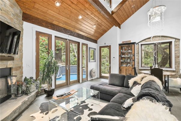 Dining room, Fireplace, Interior, Living room, Pendant Lights, Recessed Lighting, Wooden Beams, Wooden Ceilings